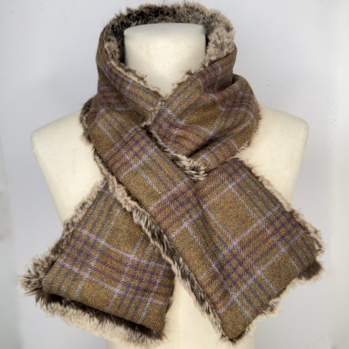 Tweed/faux fur Scarf - Khaki/Purple Plaid