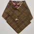 A brown plaid necktie with a small white bird pin, displayed on a light gray background. The inner collar features a red and gold paisley pattern.