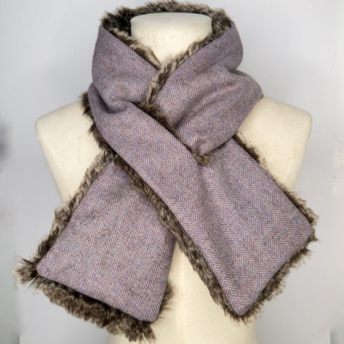 Tweed/faux fur Scarf - Dusty Purple Herringbone