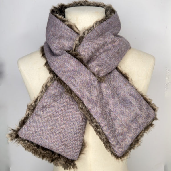 Tweed/faux fur Scarf - Dusty Purple Herringbone