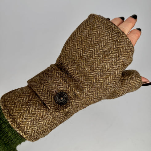 Julian Road Gloves Fingerless Gloves - Camel Herringbone Tweed