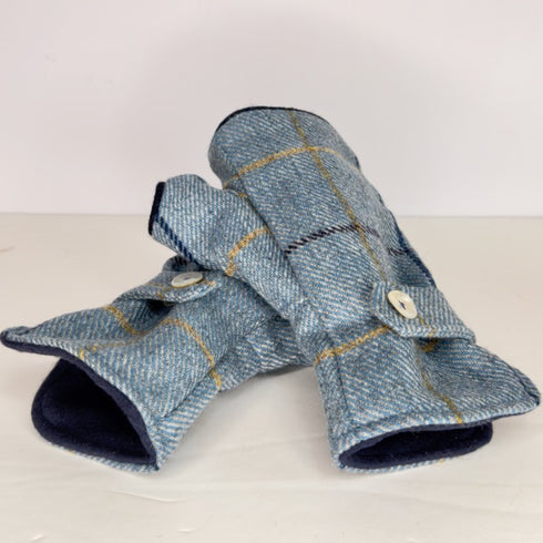 Julian Road Gloves Fingerless Gloves - Sky Blue windowpane tweed