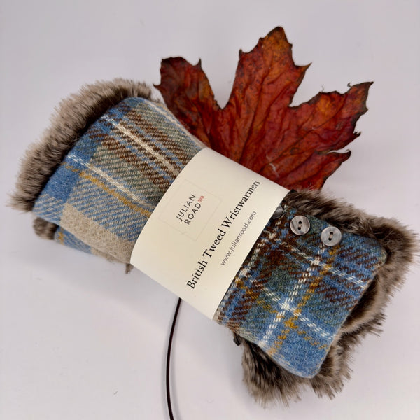 Julian Road Gloves Wrist Warmers - Blue/camel Tartan Tweed