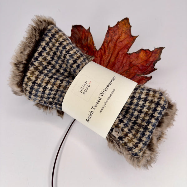 Julian Road Gloves Wrist Warmers - Blue Dogtooth Shetland Tweed