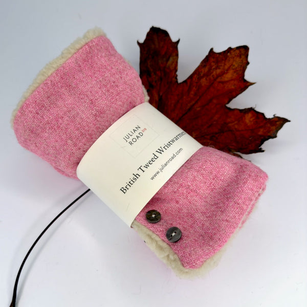 Julian Road Gloves Wrist Warmers - Pink Harris Tweed with Sherpa fleece