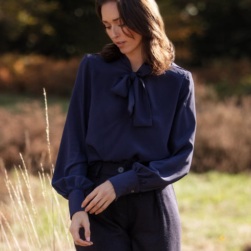 Julian Road Shirt The Silk Tie-Neck Blouse in Navy