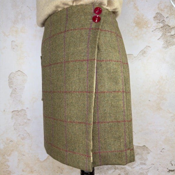 Julian Road Skirts Wrap Tweed Skirt - Khaki herringbone with pink and magenta windowpane