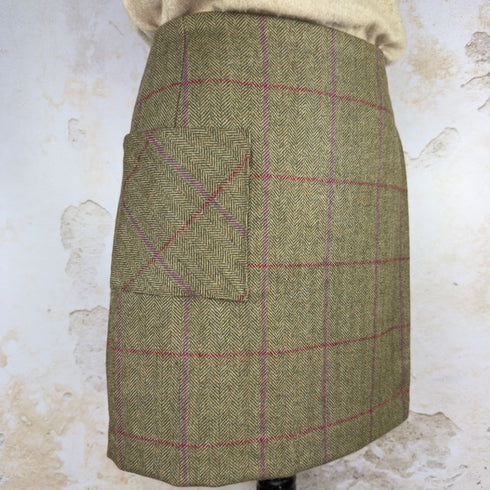 Julian Road Skirts Wrap Tweed Skirt - Khaki herringbone with pink and magenta windowpane
