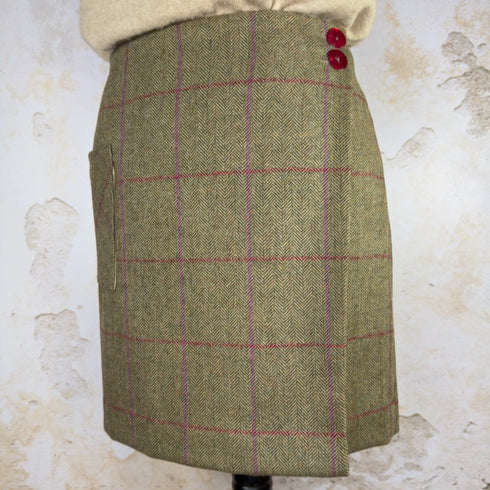 Julian Road Skirts Wrap Tweed Skirt - Khaki herringbone with pink and magenta windowpane