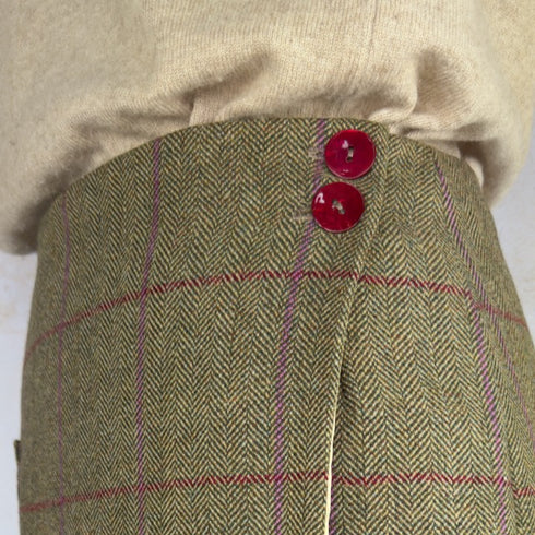 Julian Road Skirts Wrap Tweed Skirt - Khaki herringbone with pink and magenta windowpane