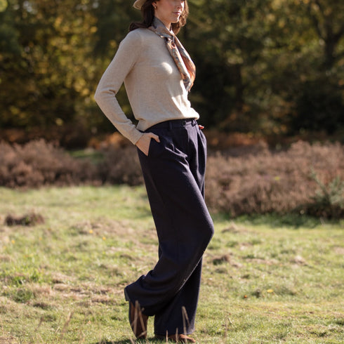 Julian Road trouser Wide Leg Pleat Trouser - Navy Twill Merino