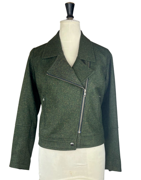 Julian Road Tweed Jackets Tweed Biker Jacket - Forest Green Lambswool Herringbone