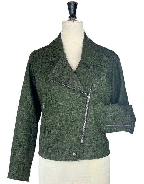 Julian Road Tweed Jackets Tweed Biker Jacket - Forest Green Lambswool Herringbone