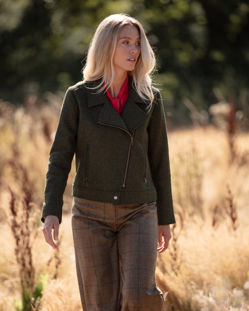 Julian Road Tweed Jackets Tweed Biker Jacket - Forest Green Lambswool Herringbone