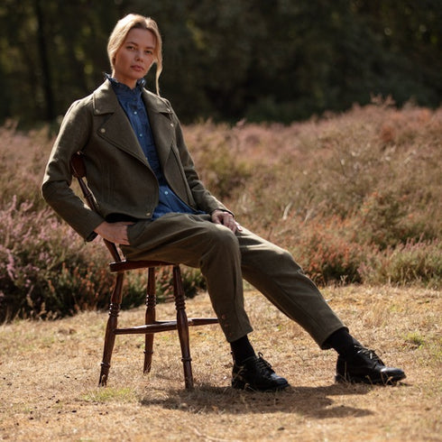 Julian Road Tweed Jackets Tweed Biker Jacket - Khaki herringbone