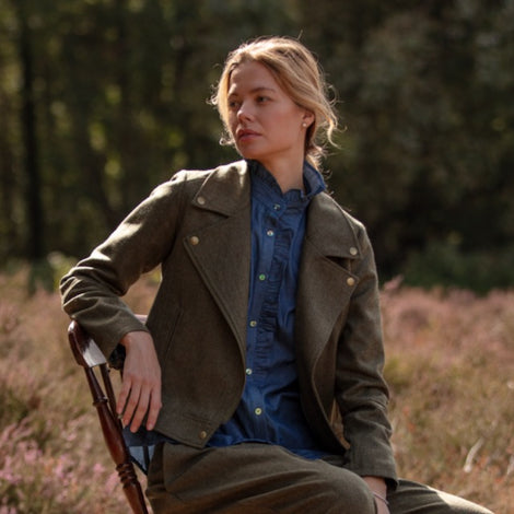 Julian Road Tweed Jackets Tweed Biker Jacket - Khaki herringbone
