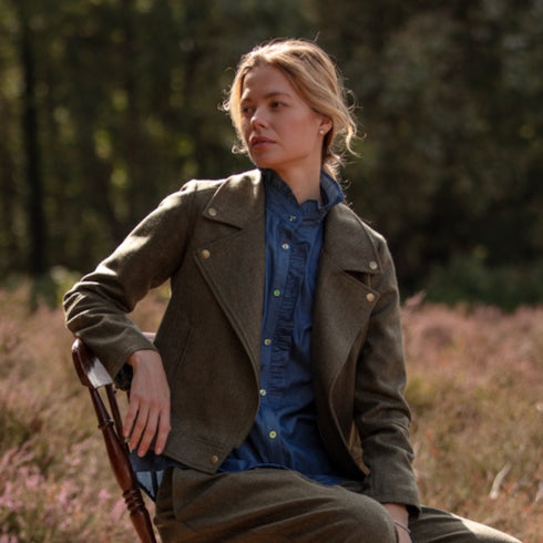 Julian Road Tweed Jackets Tweed Biker Jacket - Khaki herringbone