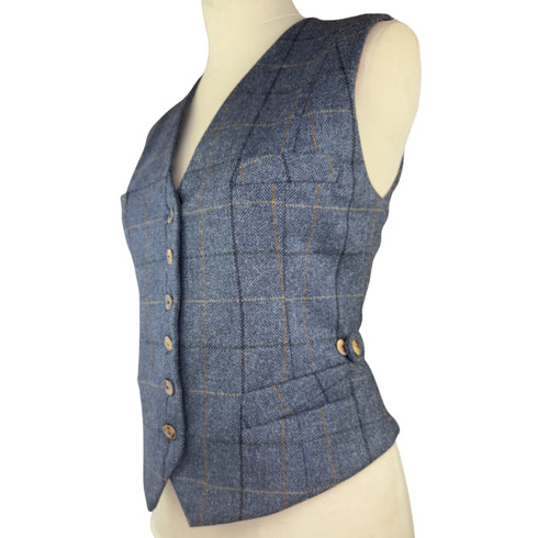 Julian Road Waistcoat Annie Ladies Tweed Waistcoat - Blue Merino Windowpane
