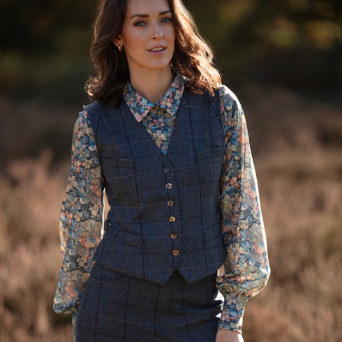 Julian Road Waistcoat Annie Ladies Tweed Waistcoat - Blue Merino Windowpane
