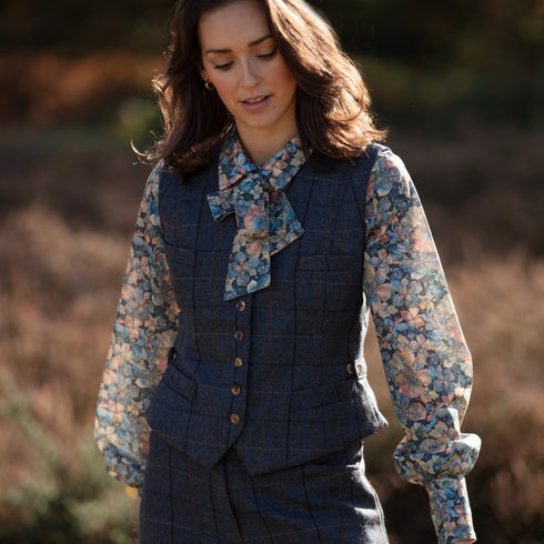 Julian Road Waistcoat Annie Ladies Tweed Waistcoat - Blue Merino Windowpane
