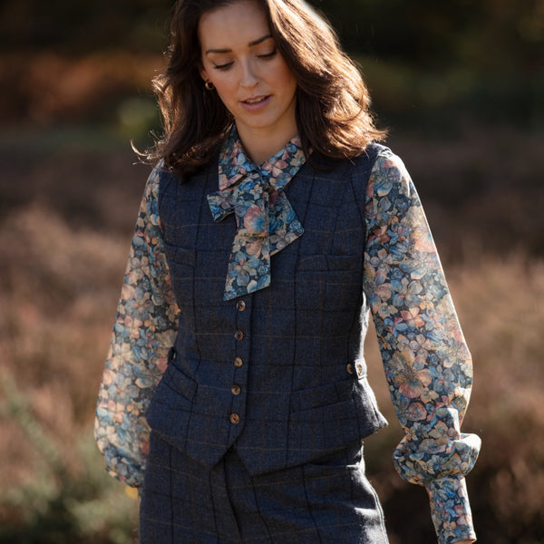 Julian Road Waistcoat Annie Ladies Tweed Waistcoat - Blue Merino Windowpane