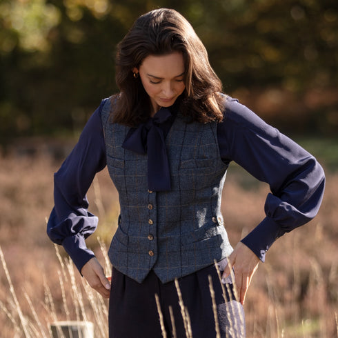 Julian Road Waistcoat Annie Ladies Tweed Waistcoat - Blue Merino Windowpane