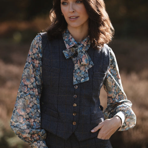 Julian Road Waistcoat Annie Ladies Tweed Waistcoat - Blue Merino Windowpane