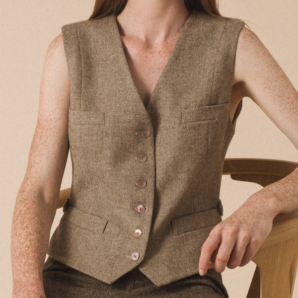 Julian Road Waistcoat Annie Ladies Tweed Waistcoat - Oatmeal Herringbone