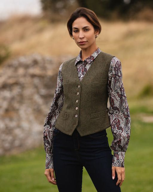 Julian Road Waistcoat Annie Ladies Tweed Waistcoat - Sage Herringbone