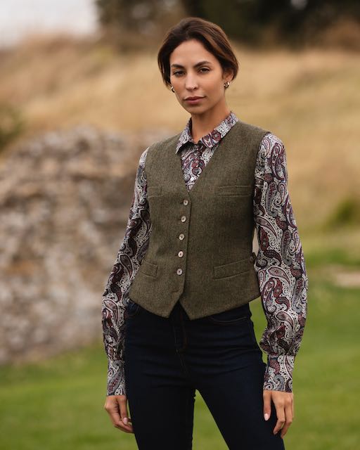 Julian Road Waistcoat Annie Ladies Tweed Waistcoat - Sage Herringbone