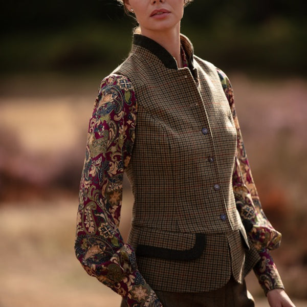 Julian Road Waistcoat India Ladies Tweed Waistcoat - Autumn Dogtooth cheviot-merino mix