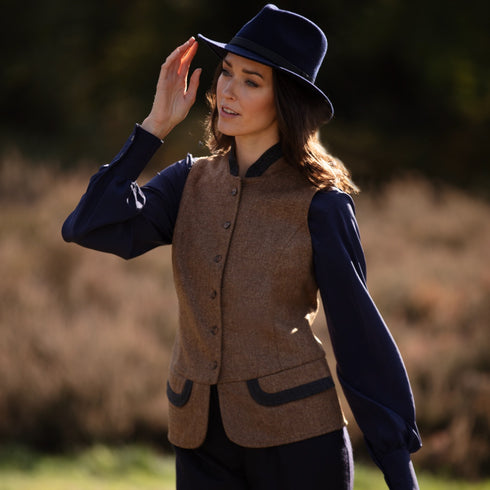 Julian Road Waistcoat India Ladies Tweed Waistcoat -Camel Herringbone