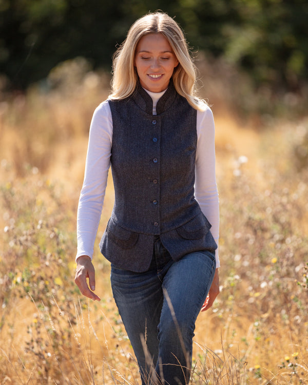 Julian Road Waistcoat India Ladies Tweed Waistcoat - Indigo Herringbone Merino