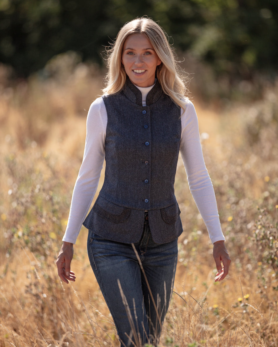 Julian Road Waistcoat India Ladies Tweed Waistcoat - Indigo Herringbone Merino