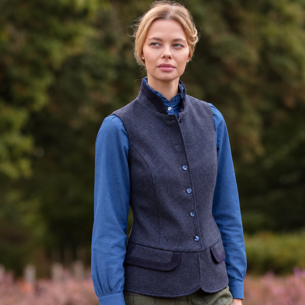 Julian Road Waistcoat India Ladies Tweed Waistcoat - Navy Twill Merino