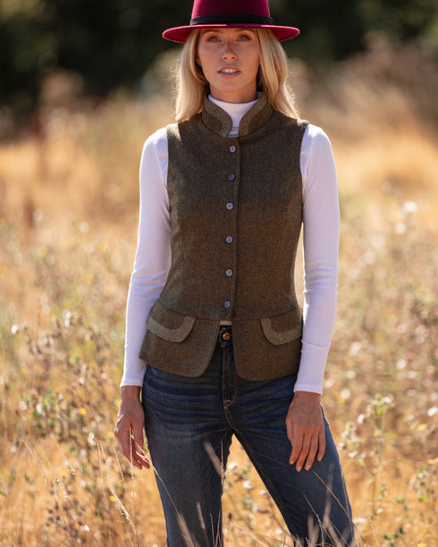 Julian Road Waistcoat India Ladies Tweed Waistcoat -Olive Green Herringbone