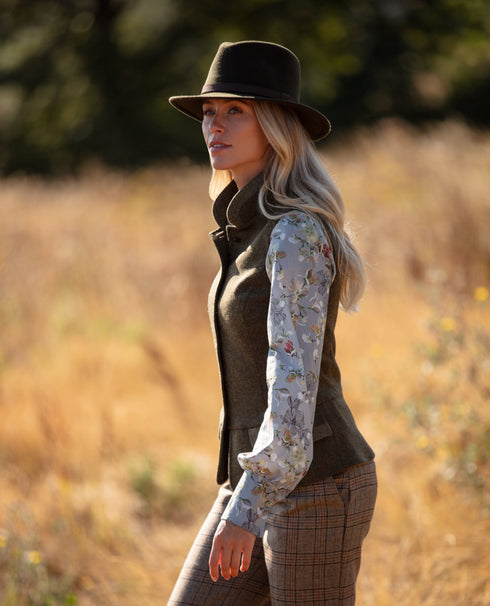 Julian Road Waistcoat India Ladies Tweed Waistcoat -Olive Green Herringbone