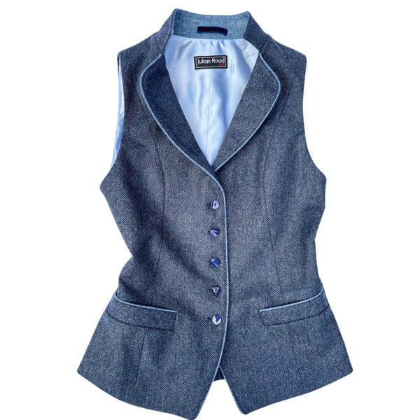 Julian Road Waistcoat Regency Ladies Tweed Waistcoat -Blue Merino Herringbone