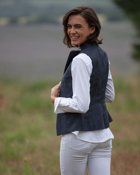 Julian Road Waistcoat Regency Ladies Tweed Waistcoat -Blue Merino Herringbone