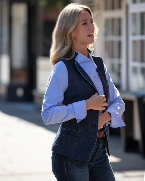 Julian Road Waistcoat Regency Ladies Tweed Waistcoat -Blue Merino Herringbone