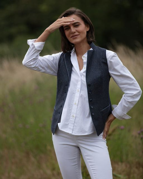Julian Road Waistcoat Regency Ladies Tweed Waistcoat -Blue Merino Herringbone