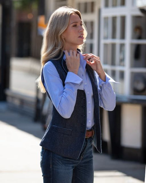 Julian Road Waistcoat Regency Ladies Tweed Waistcoat -Blue Merino Herringbone