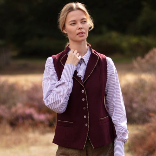 Julian Road Waistcoat Regency Ladies Tweed Waistcoat -Claret Merino Twill
