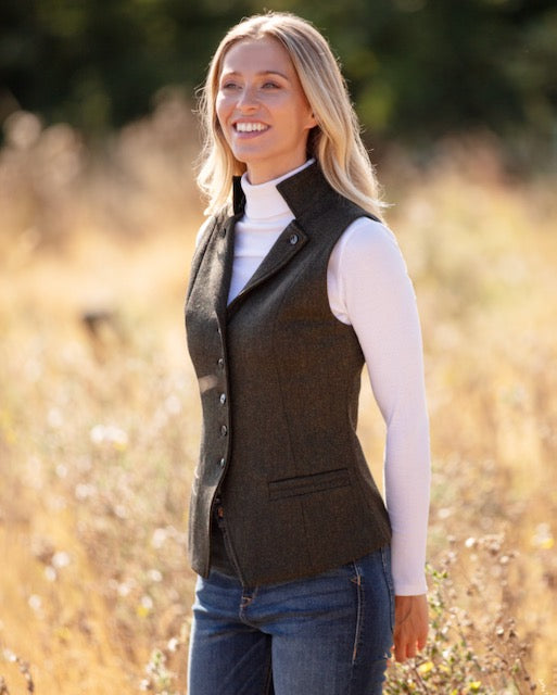 Julian Road Waistcoat Regency Ladies Tweed Waistcoat - Forest Herringbone