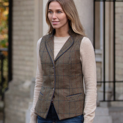 Julian Road Waistcoat Regency Ladies Tweed Waistcoat -Green Merino Windowpane