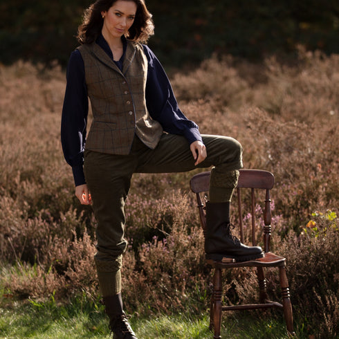 Julian Road Waistcoat Regency Ladies Tweed Waistcoat -Green Merino Windowpane