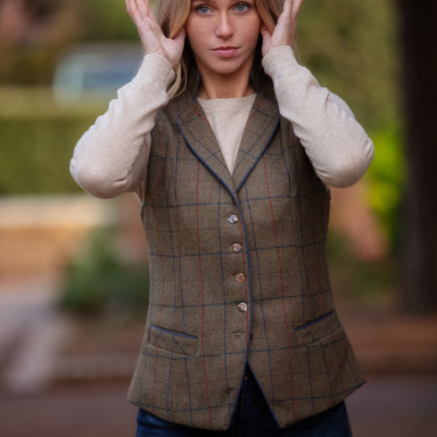 Julian Road Waistcoat Regency Ladies Tweed Waistcoat -Green Merino Windowpane
