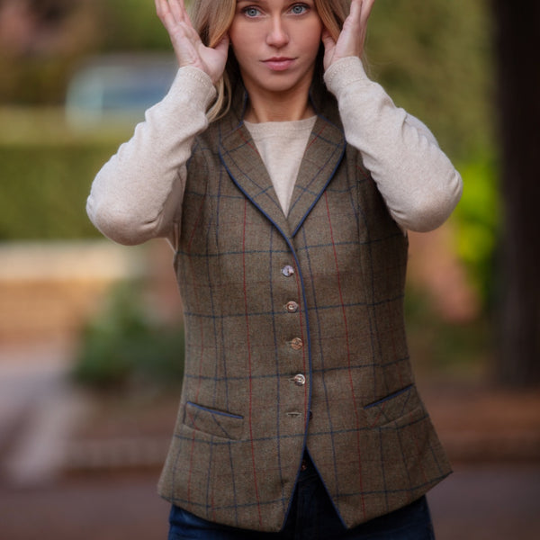 Julian Road Waistcoat Regency Ladies Tweed Waistcoat -Green Merino Windowpane
