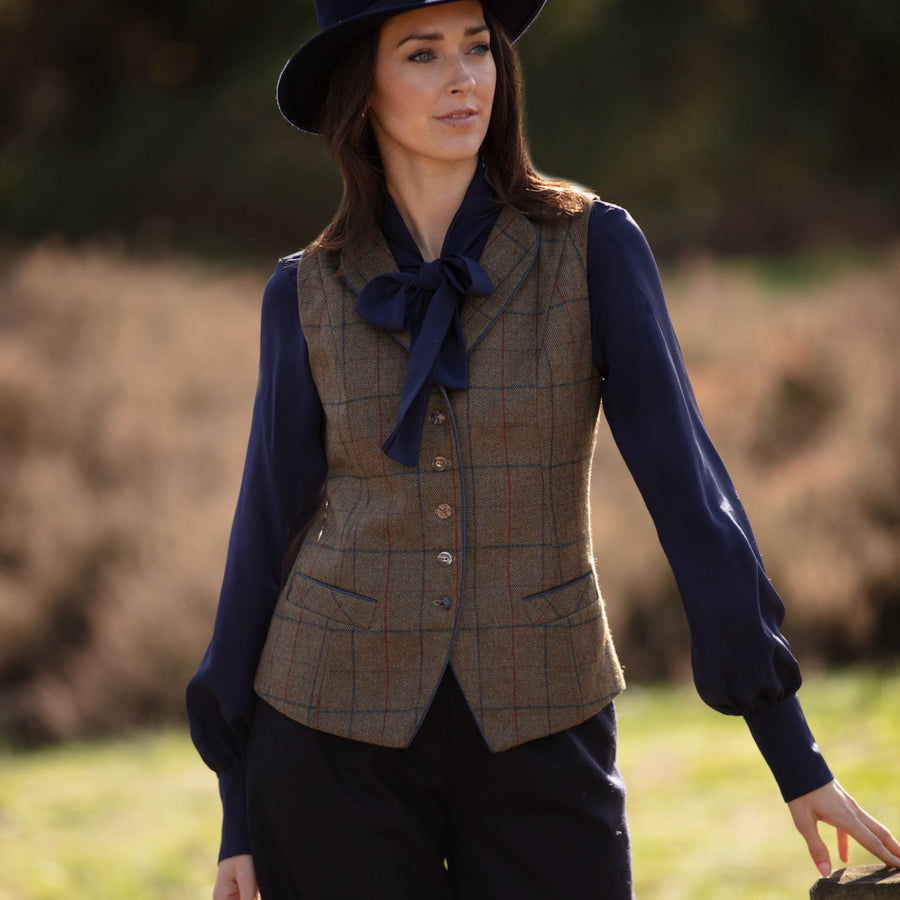 Julian Road Waistcoat Regency Ladies Tweed Waistcoat -Green Merino Windowpane