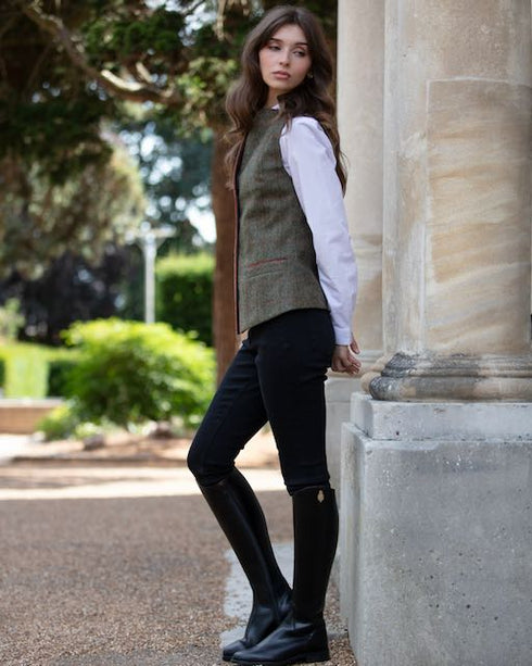 Julian Road Waistcoat Regency Ladies Tweed Waistcoat - Green windowpane herringbone